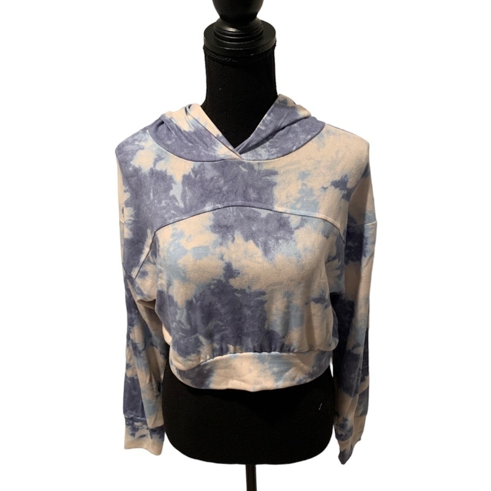 Socialite Women's Cropped Hooded Sweatshirt in Denim Tie Dye Small NWT